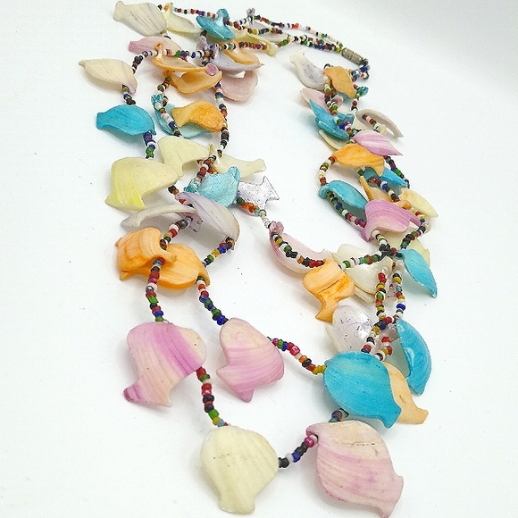 Vintage Jewelry - Pastel Dyed Seashell Fish Colorful Multi Strand Seed Bead Necklace 27" Vintage